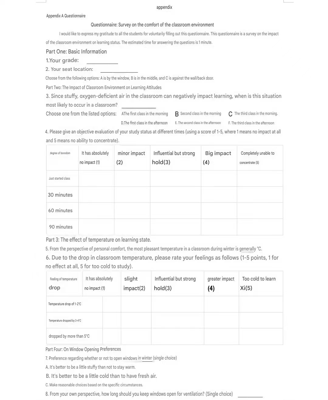 Field questionnaire and subjective comfort distribution survey